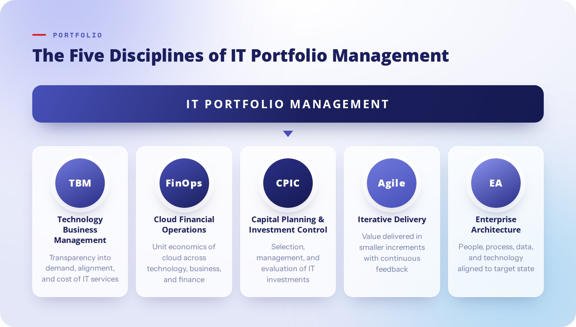 The five disciplines of IT portfolio management: Technology Business Management, FinOps, Capital Planning and Investment Control, Agile, and Enterprise Architecture.